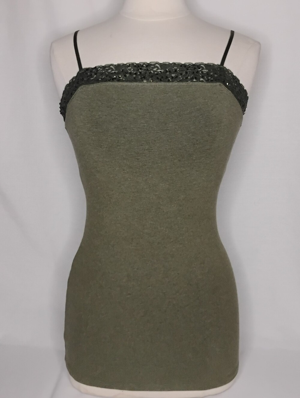 Women's Medium Express Olive Green Camisole Tank Top Sparkly Lace Trim Shelf Bra